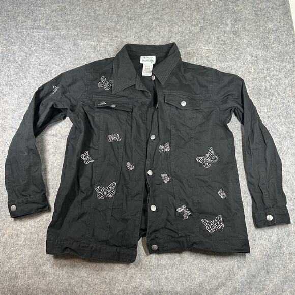 Quacker Factory Denim Jacket Womens Medium Black Rhinestone Butterflies Artsy - Picture 1 of 6